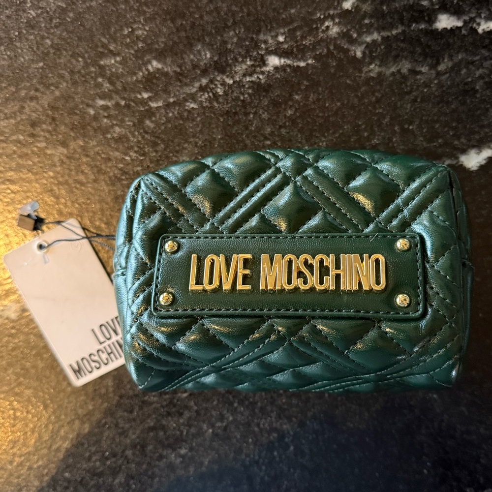 Love Moschino Quilted Green Leather Pouch Mini Clutch Cosmetic Bag NWT